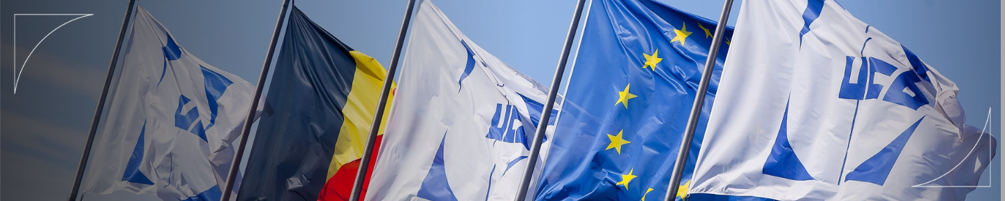 Picture representing the UCB, the Belgian and the European flags